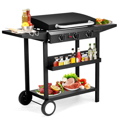 3-Burner Gas Griddle, 30,000 BTU Propane Grill Griddle with Coated Cast Pan, Side Shelves & Spice Rack