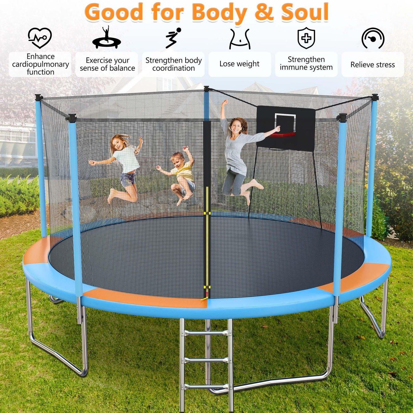 14Ft Trampoline for Kids and Adults, Outdoor Trampoline with Basketball Hoop, Segmart Upgrade Heavy Duty Trampoline with Enclosure Net & Ladder for Backyard Patio Garden