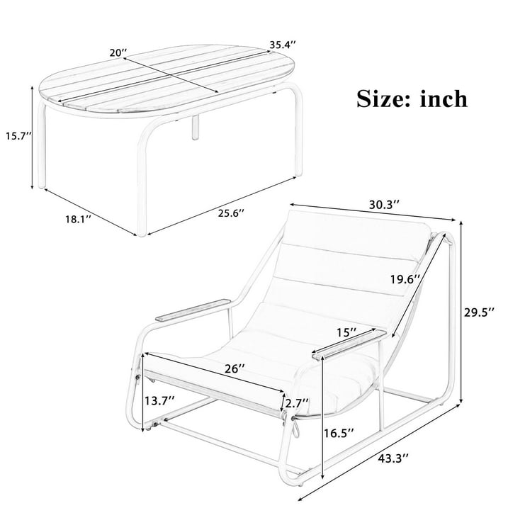 Outdoor Chaise Lounge Chairs Set of 3, Segmart Patio Chaise Lounge Chair with Acacia Side Table, Pool Lounge Chairs for Lawn, Deck, Beach, Max Weight 400 lbs, Beige & White