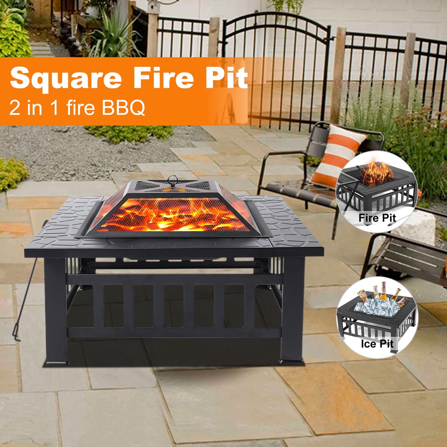 Multifunctional Fire Pit Table, 32'' Fireplace Heater/Ice Pit, Square Metal Fire Pit Stove with Screen Lid and Log Poker for Backyard Garden Camping Picnic Bonfire