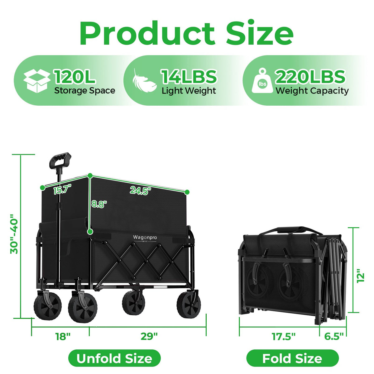 Collapsible Wagon Cart with Wheels, Expandable Dual-Layer Utility Wagon with 100% Extra Space, Heavy Duty Folding Garden Cart with 220 lbs Capacity, Lightweight Steel Frame, All-Terrain Swivel Wheels