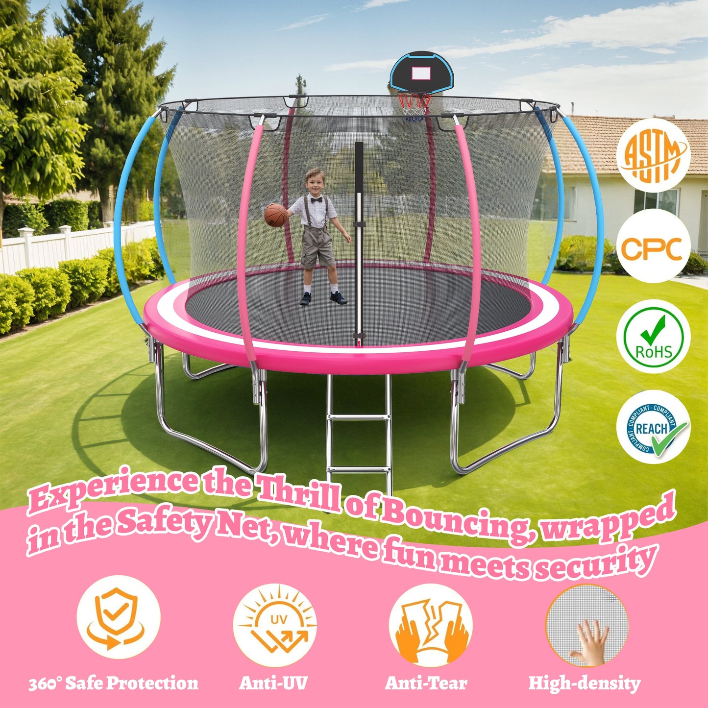 12ft Trampoline with Safety Enclosure, SEGMART Upgrade Outdoor Trampoline with Basketball Hoop, Heavy Duty Back Yard Trampoline with Ladder for Kids and Adults, Pink