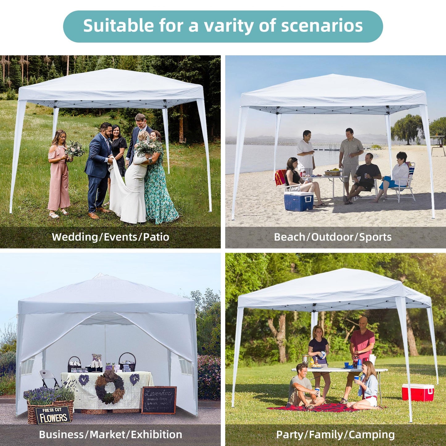 10'x10' Outdoor Wedding Party Tent with 4 Sidewalls, SEGMART Pop Up Canopy Tent with 3 Adjustable Heights, Portable Waterproof Instant Patio Gazebo Tent with Carrying Bag for Garden Pavilion