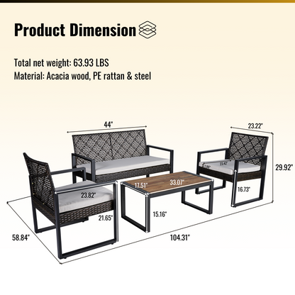 Outdoo Furniture Set, 4 Pieces Wicker Porch Conversation Set w/Cushions, All-weather Hollow Rattan Patio Sectional Sofa Set with Table