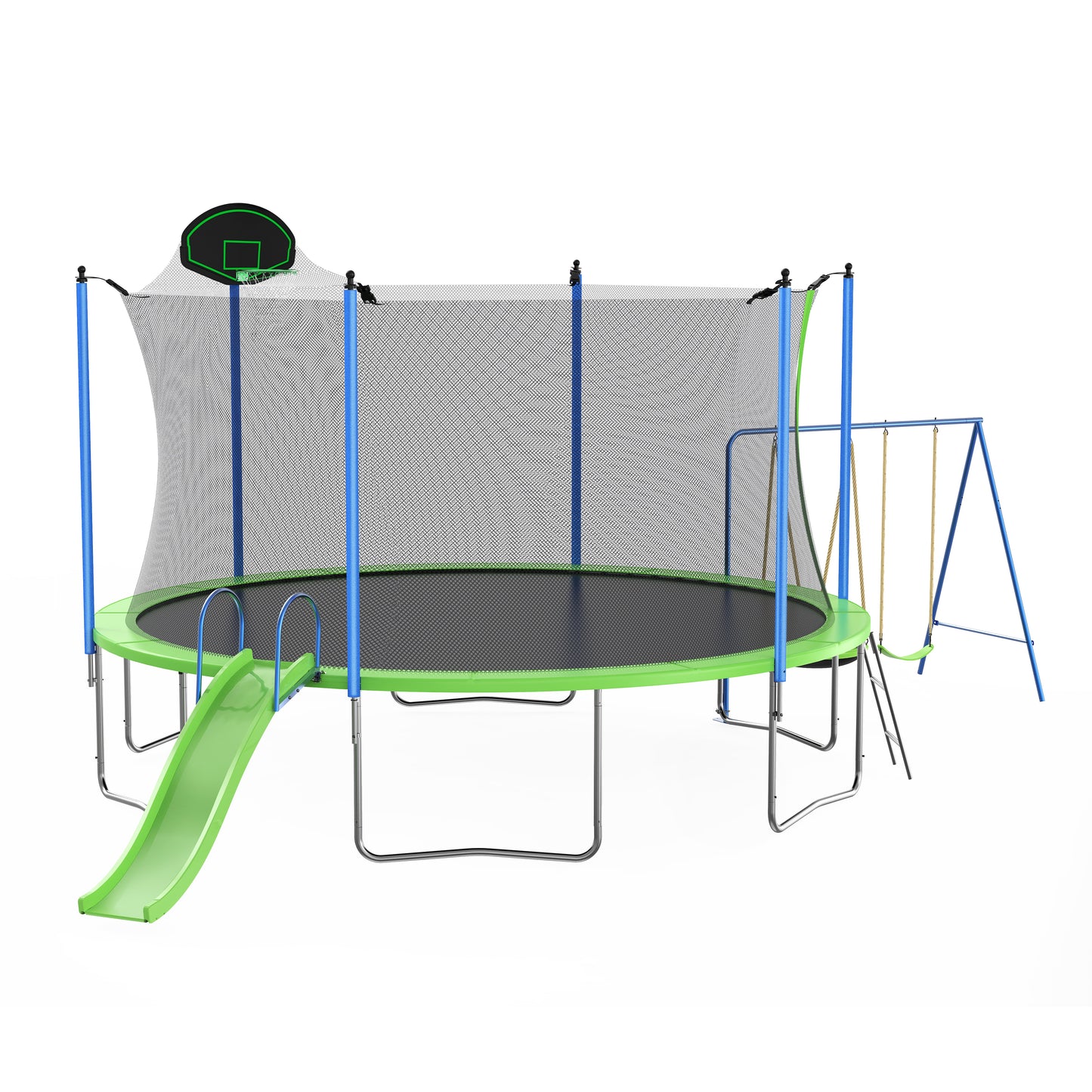 12FT Trampoline with Slide, Swings, SEGMART Recreational Trampoline with Basketball Hoop and Ladder, Heavy Duty Outdoor Backyard Trampoline with Net for Kids and Adults, Green