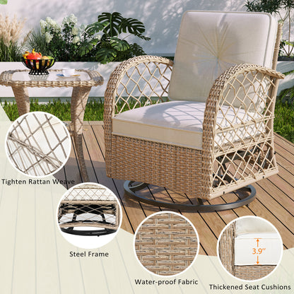 3PCS Rattan Patio Furniture Set, 2-person Luxurious Outdoor Chair Set with Table, Porch Bistro Wicker Swivel Rocker with Cushions