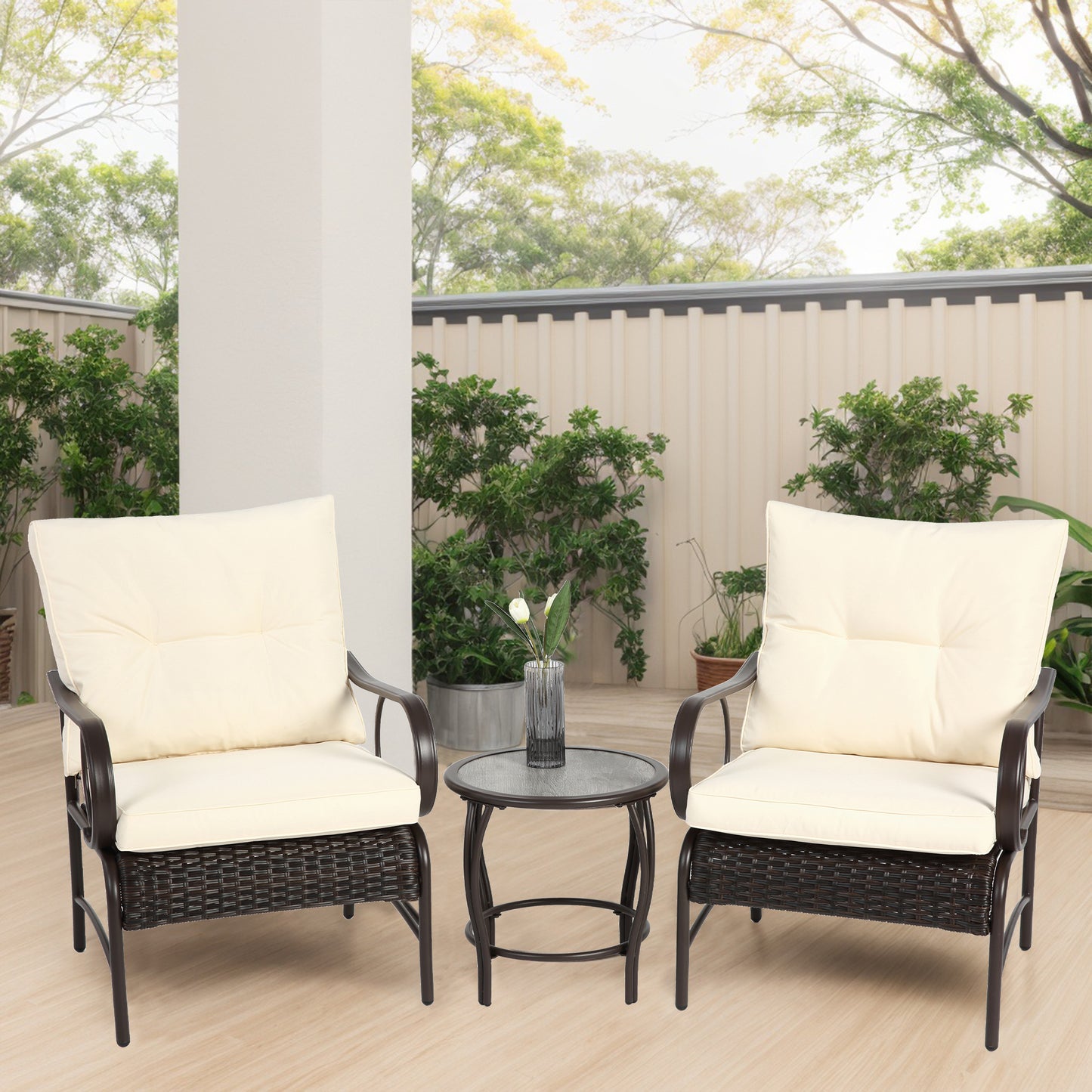 Segmart 3-piece Patio Set , outdoor wicker furniture combination,With cushion，2 comfortable rattan chairs and coffee table, white