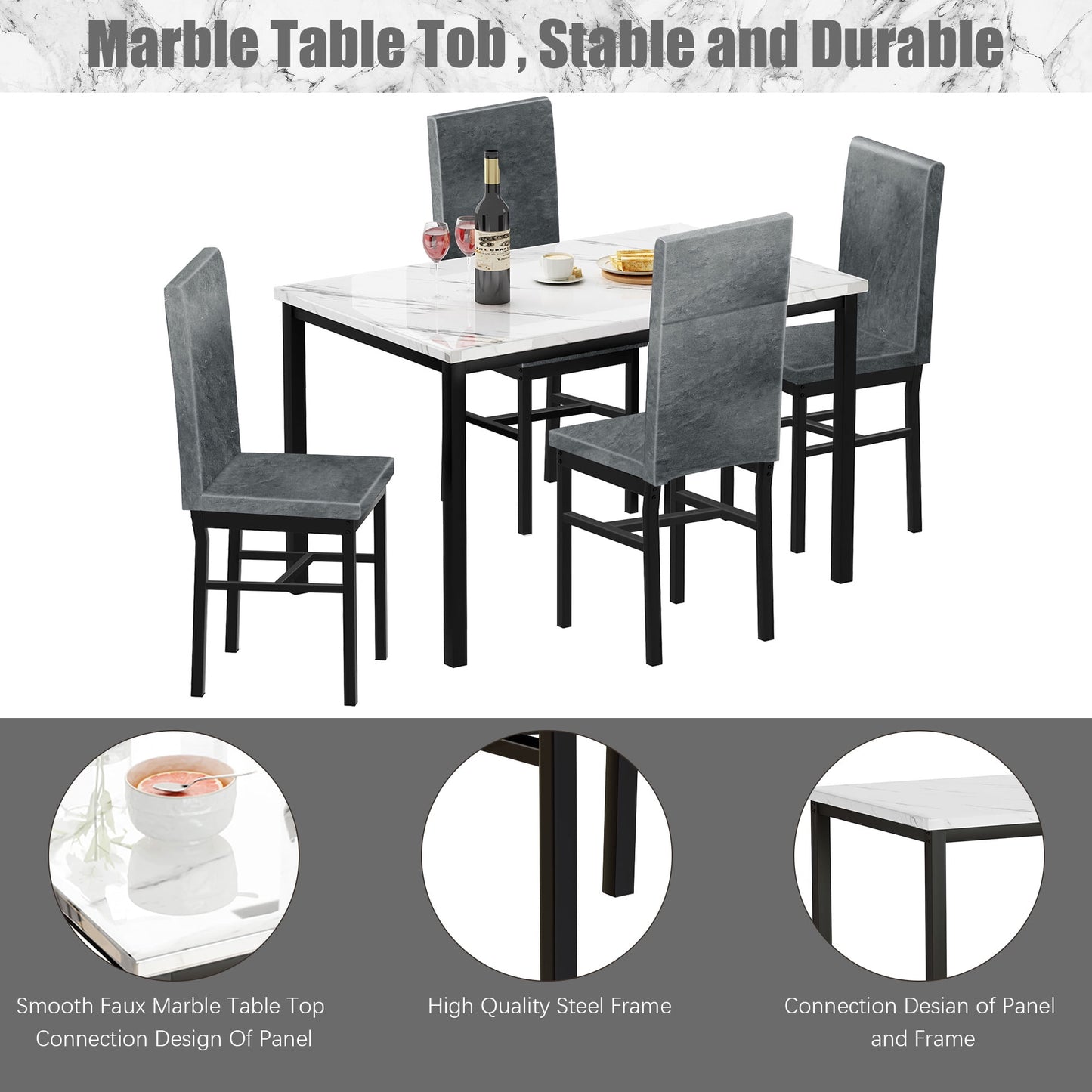 Kitchen Table and 4 Chairs Set, Metal Kitchen Table Sets Faux Marble Rectangular Breakfast Table w/Metal Legs & Black Finish Frame, Dining Table Sets for an Apartment Breakfast, Grey, SS1318