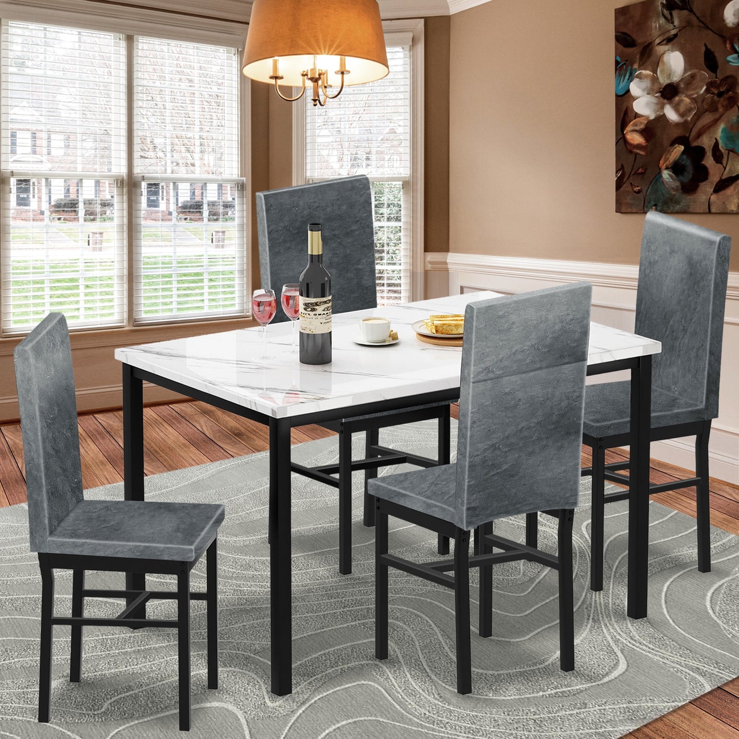 Kitchen Table and 4 Chairs Set, Metal Kitchen Table Sets Faux Marble Rectangular Breakfast Table w/Metal Legs & Black Finish Frame, Dining Table Sets for an Apartment Breakfast, Grey, SS1318