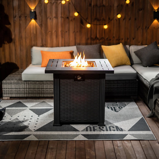Fire Pit Table, SEGMART 28" Propane Fire Pit with Lid/Lava Rocks, 40,000 BTU Outdoor Gas Fire Pit, Metal Square Propane Fire Pit for Outside Garden Backyard Deck Patio, Brown, LLL4008