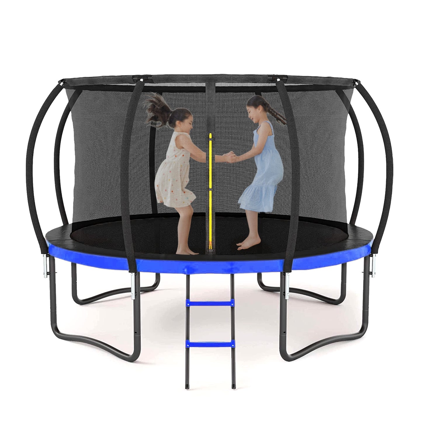 12FT Trampoline with Safety Enclosure Net, SEGMART Upgraded Outdoor Round Recreational Trampoline with Curved Poles and Ladder, Heavy Duty Pumpkin Backyard Trampoline for Kids and Adults, Orange