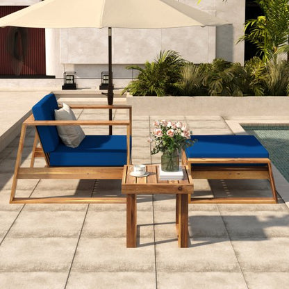 3 Pack Outdoor Lounge Chair, Acacia Wood Chaise Lounge set-Chair & Ottoman, Sunbathing Recliner, Beach Chair, Tanning Chair for Patios, Balconies, and Gardens