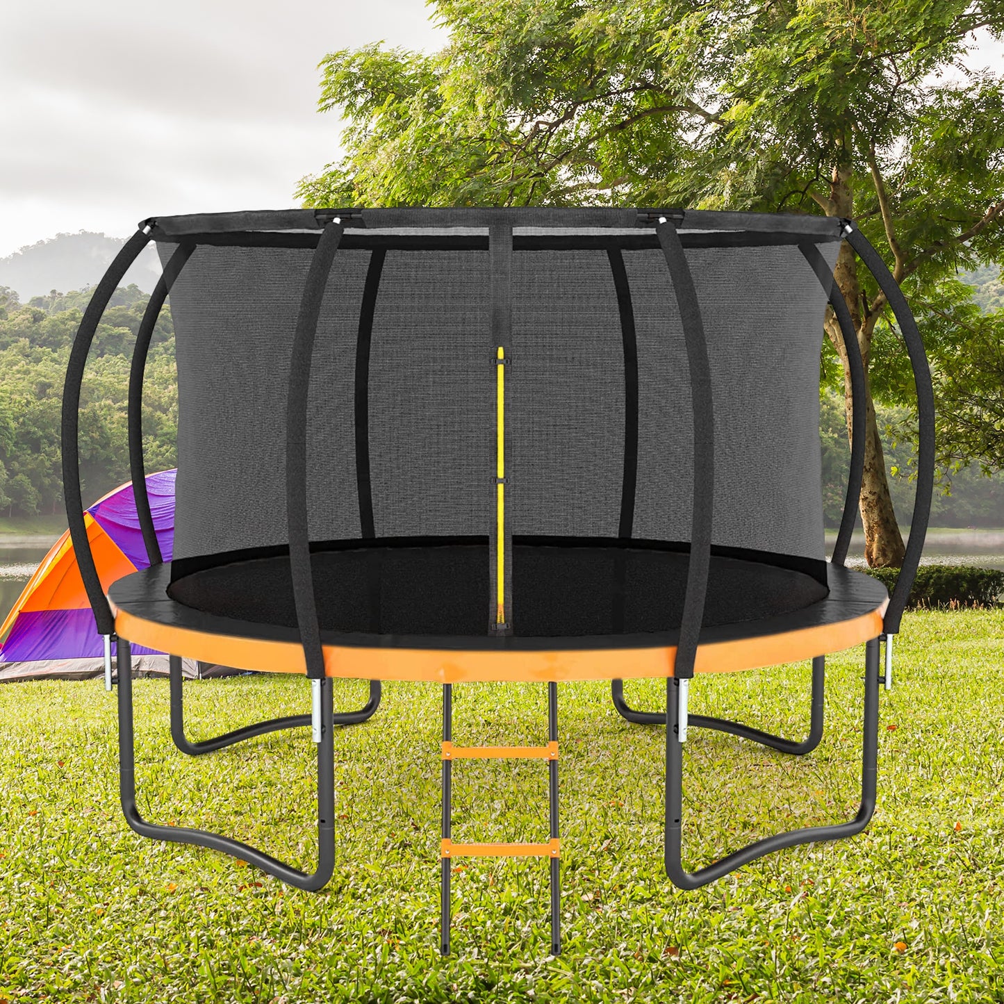 12FT Trampoline with Safety Enclosure Net, SEGMART Upgraded Outdoor Round Recreational Trampoline with Curved Poles and Ladder, Heavy Duty Pumpkin Backyard Trampoline for Kids and Adults, Orange