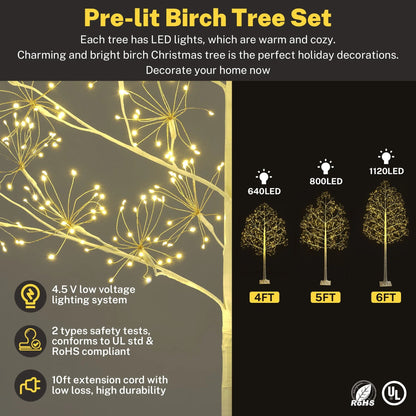 3-Pieces Lighted Birch Trees Sets, SEGMART 6FT+5FT+4FT White Pre-lit Christmas Trees with 650 LED, Stand and Timer, Artificial Christmas Decorations for Festival, Party