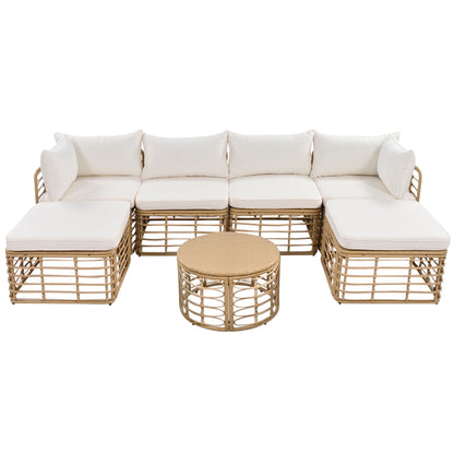 7 Pieces Patio Furniture Set, Wicker Sectional Table and Chairs Sets, Patio Conversation Set with Sectional Chaise Longue, Coffee Table, Suitable for Porch Backyard Garden, Beige