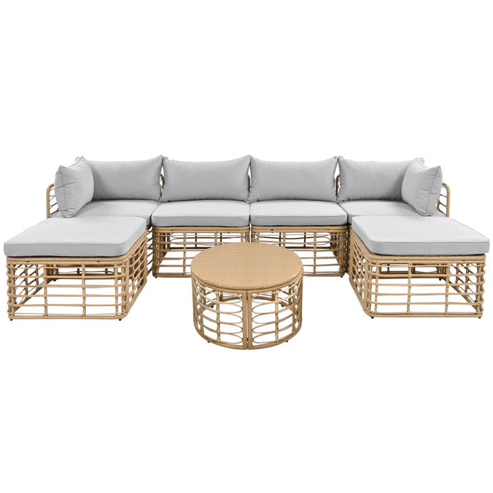 7 Pieces Patio Furniture Set, Wicker Sectional Table and Chairs Sets, Patio Conversation Set with Sectional Chaise Longue, Coffee Table, Suitable for Porch Backyard Garden, Gray