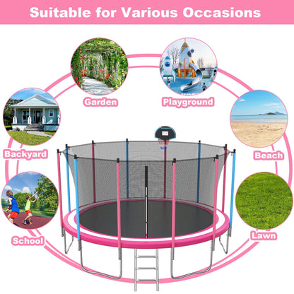 16' Trampoline for Kids with Basketball Hoop, SEGMART Upgraded Kids Outdoor Trampoline with Enclosure Net and Ladder, Heavy Duty Round Recreational Trampoline for Indoor Outdoor Backyard