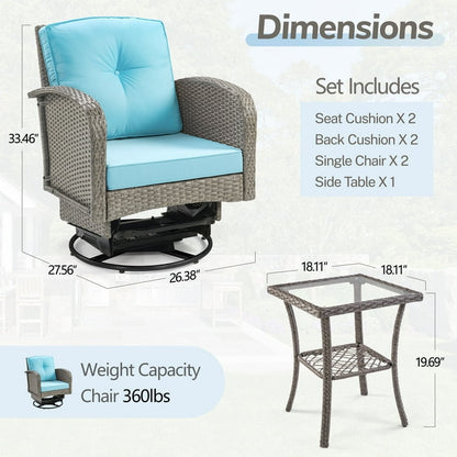 3-Piece Outdoor Swivel Rocker Chairs, 360° Patio Rattan Wicker Swivel Rocking Chair Set with Thickened Cushions and Glass Coffee Table, Max Weight 360 LBS, Light Blue