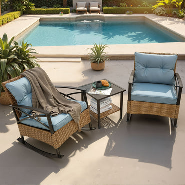 Segmart 3-Piece Patio Rocking Bistro Set, Outdoor Rattan Wicker Chairs with Blue Cushions & Steel Side Table, Front Porch Furniture Set for Balcony, Garden, Poolside