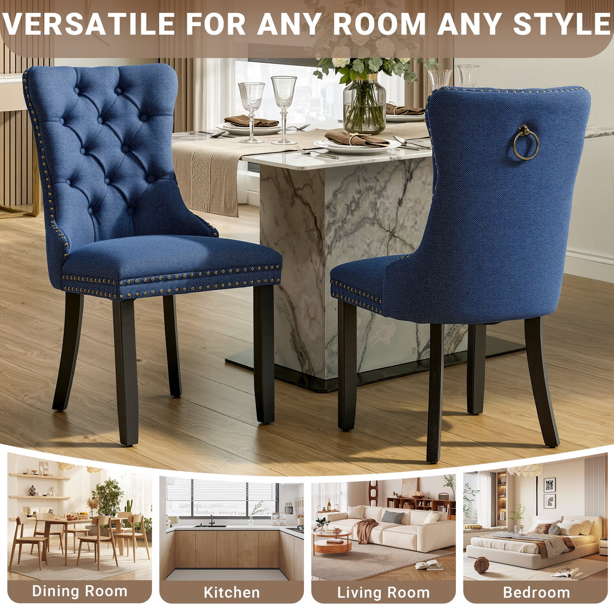 Upholstered Dining Chairs Set of 2, Segmart Modern Fabric Dining Room Chair with Nailhead Trim and Wood Legs, Mid-Century Accent for Living Room, Kitchen, Blue