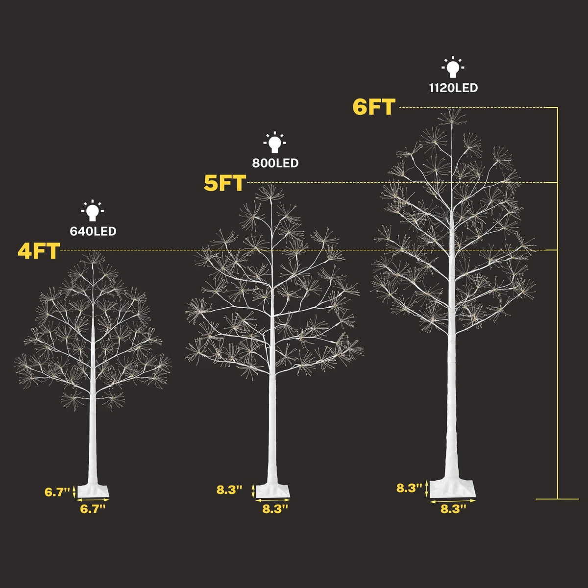 White Christmas Trees, SEGMART 6ft+5ft+4ft White Birch Christmas Tree with Warm Yellow LED Lights & PVC Stand, for Christmas Holiday Party Decorations Tree Plugin, Warm Yellow, S9980