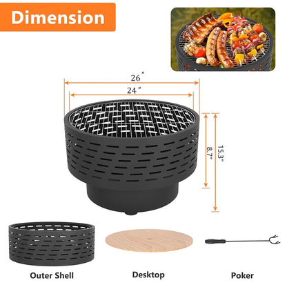 Segmart 26 inch Fire Pit with Grill & Lid, Firepits for Outside Wood Burning Fire Pit Table with Fire Poker, Ash Net,3 in 1 Outdoor Fire pits for Patio,BBQ, Bonfire, Camping, Backyard, Picnic