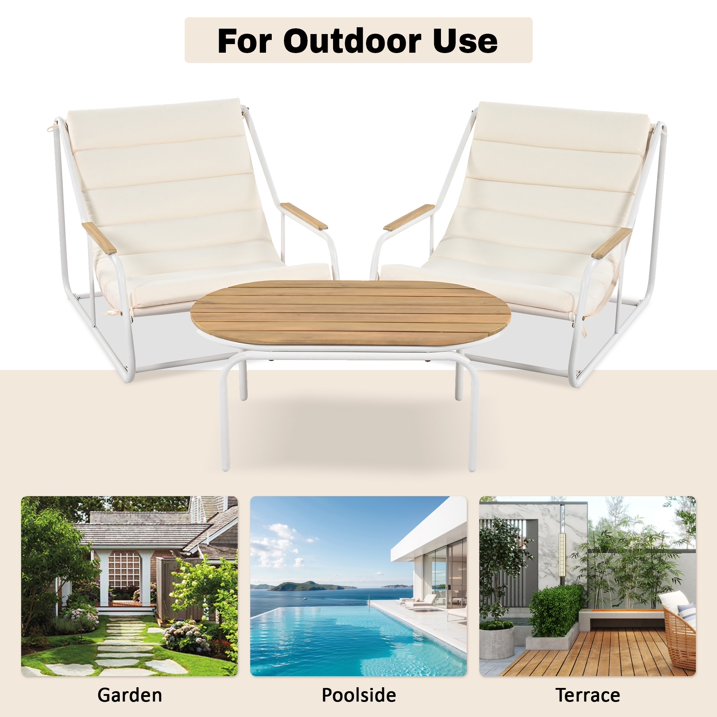 Outdoor Chaise Lounge Chairs Set of 3, Segmart Patio Chaise Lounge Chair with Acacia Side Table, Pool Lounge Chairs for Lawn, Deck, Beach, Max Weight 400 lbs, Beige & White