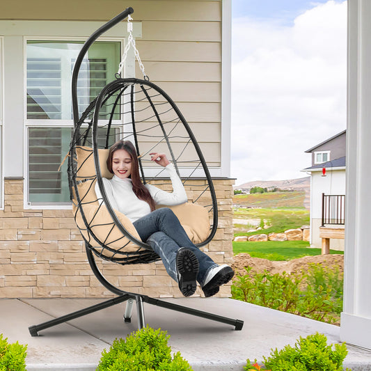 Patio Lounger Egg Chair, Outdoor Hanging Chaise Swing Egg-Shaped Chair w/Hanging Kits, Durable All-Weather UV Wicker Patio Rattan Lounge Chair for Bedroom, Patio, Deck, Yard, Garden, 350lbs, S463