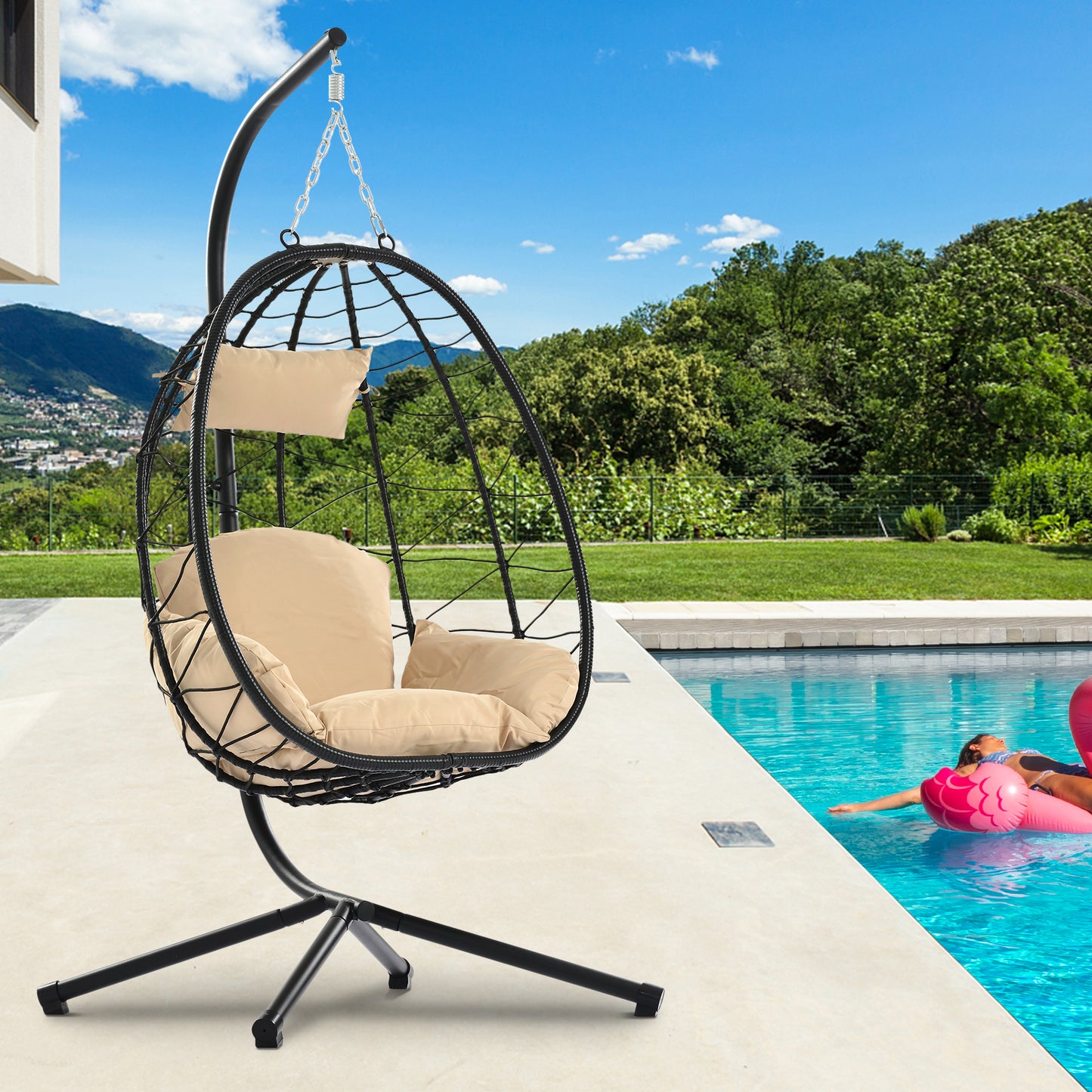 Patio Lounger Egg Chair, Outdoor Hanging Chaise Swing Egg-Shaped Chair w/Hanging Kits, Durable All-Weather UV Wicker Patio Rattan Lounge Chair for Bedroom, Patio, Deck, Yard, Garden, 350lbs, S463