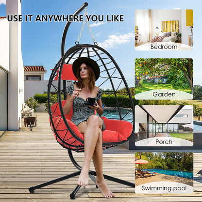 Clearance! Hanging Wicker Egg Chair, Outdoor Patio Hanging Chairs with Stand, UV Resistant Hammock Chair with Comfortable Red Cushion, Durable Indoor Swing Egg Chair for Garden, Backyard, L3952