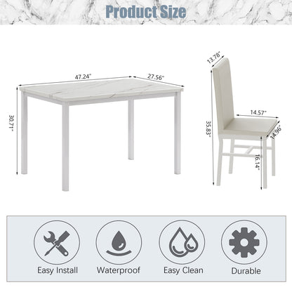 Kitchen Table and 4 Chairs Set, Metal Kitchen Table Sets Faux Marble Rectangular Breakfast Table w/Metal Legs & White Finish Frame, Dining Table Sets for an Apartment Breakfast, S12528