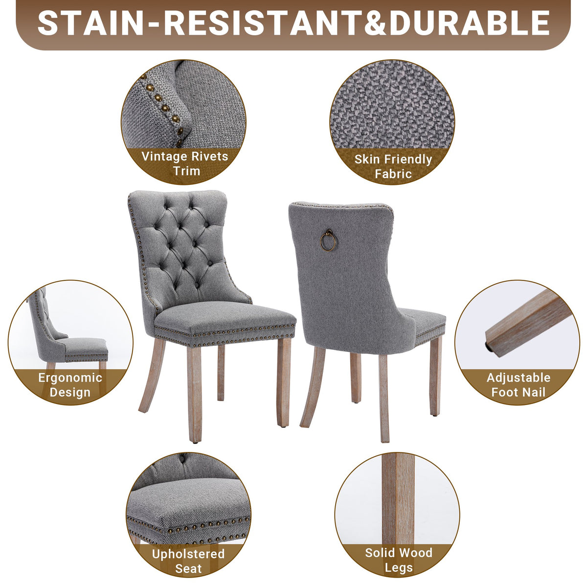 Upholstered Dining Chairs Set of 2, Segmart Modern Fabric Dining Room Chair with Nailhead Trim and Wood Legs, Mid-Century Accent for Living Room, Kitchen, Gray