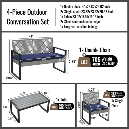 Segmart Rattan Patio Conversation Set, 4 Pieces Outdoor Sectional Sofa Set with Table, Gray Thick Cushioned Patio Furniture Set Loveseat Armchairs, Max Weight Over 350lbs