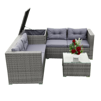 Patio Wicker Sectional Sofa Set, 4 Piece Outdoor Conversation Set with Storage Ottoman, All-Weather Wicker Patio Furniture with Gray Cushions and Table for Backyard, Porch, Garden, Poolside, L4533