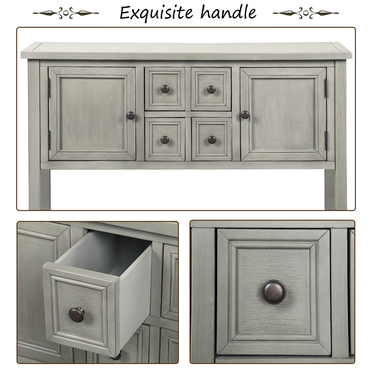 Console Table with 4 Storage Drawers,Storage Vintage Wood Buffet Sideboard Desk with 2 Cabinets and Bottom Shelf, Retro Entryway Table Cupboard for Living Room, Foyer, Hallway