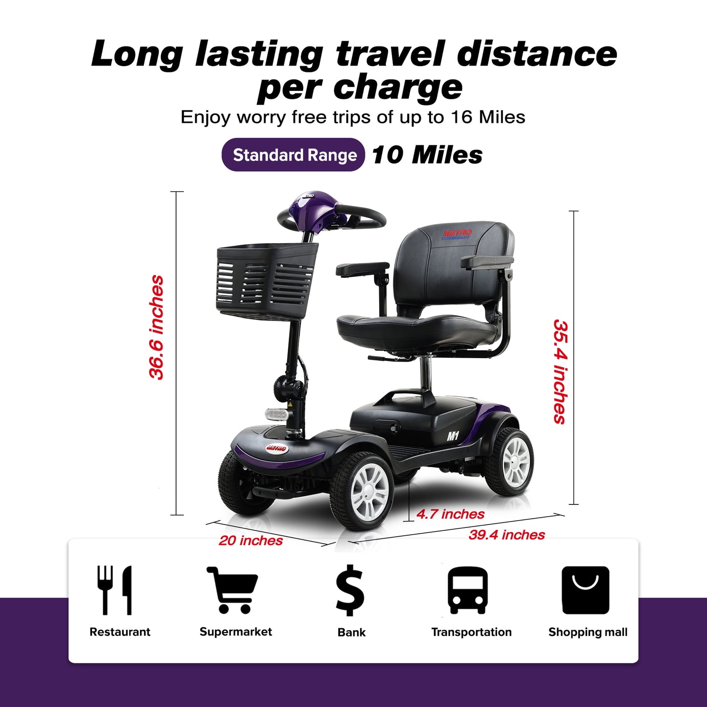 Segmart 4 Wheel Mobility Scooter for Seniors,electric wheelchairs for adults lightweight foldable, 15 Miles Range, 300lbs Capacity, W/LED Head Lights & Basket, Purple