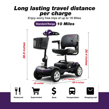 Segmart 4 Wheel Mobility Scooter for Seniors,electric wheelchairs for adults lightweight foldable, 15 Miles Range, 300lbs Capacity, W/LED Head Lights & Basket, Purple