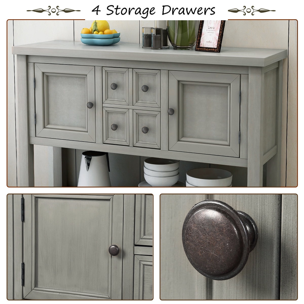 Console Table with 4 Storage Drawers,Storage Vintage Wood Buffet Sideboard Desk with 2 Cabinets and Bottom Shelf, Retro Entryway Table Cupboard for Living Room, Foyer, Hallway