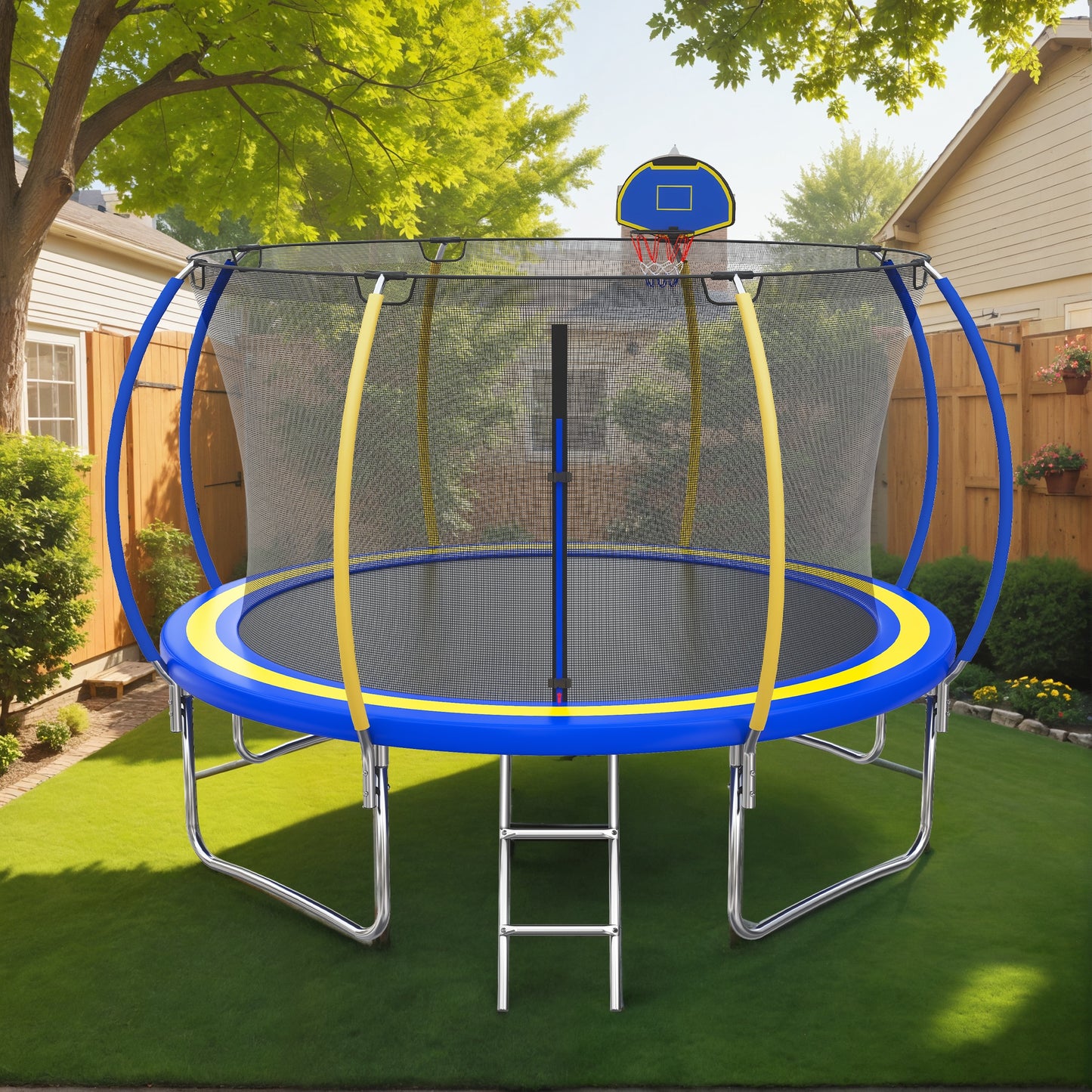 12FT Trampoline with Basketball Hoop for Kids and Adults, SEGMART Upgrade Outdoor Trampoline with Safety Enclosure Net, Heavy Duty Backyard Trampoline with Ladder for Lawn Garden Yard, Bule