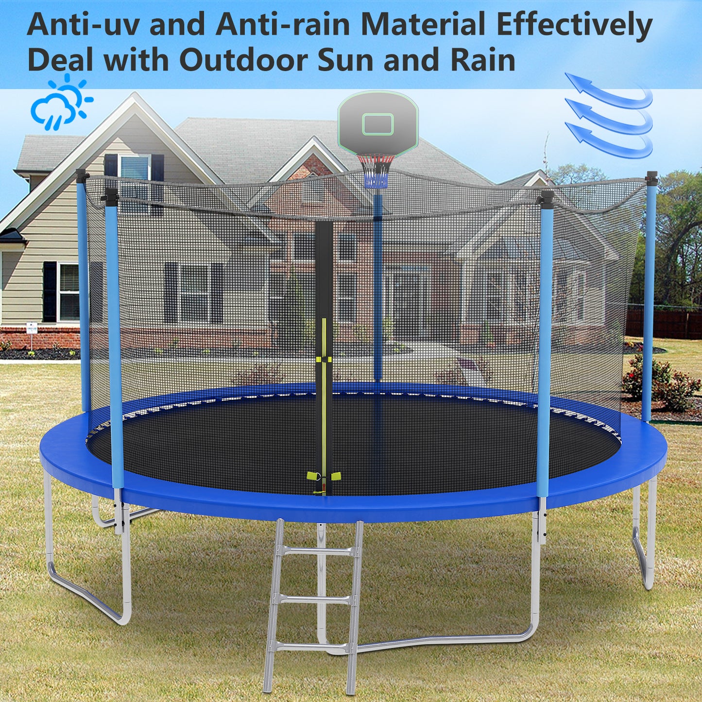 SEGMART 14FT Blue Trampoline for Kids with Basketball Hoop and Enclosure Net/Ladder, Blue