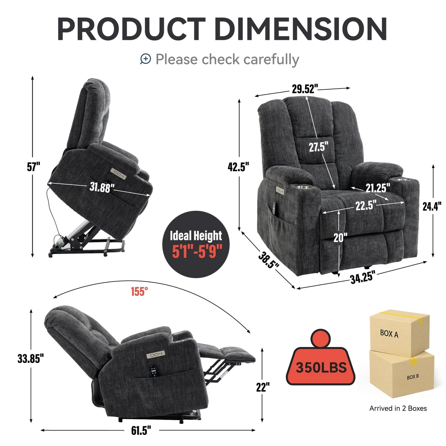 Power Lift Recliner Chair with Massage and Heat for Elderly, Segmart Overstuffed Wide Recliners, Heavy Duty Motion Mechanism with USB and Type C Ports, 2 Steel Cup Holders, Dark Gray