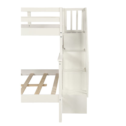 SEGMART Wood Bunk Beds , 76.97'' x 51.57'' Solid Wood Twin-Over-Full Bed, Sturdy Wood Twin-Over-Full Bunk Beds w/ 4 Storage Shelves, 4-Step Ladder, Full-Length Guardrails, 250lbs, S1914