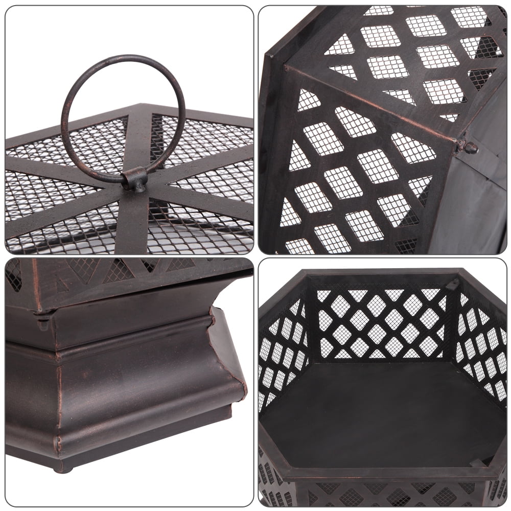 Fire Pit for Outside, Premium Hexagon-shaped Steel Fire Pit w/Mesh Screen Lid, Portable Outdoor Metal Fire Pit with Poker, Multifunctional Heater/Grill/Ice Pit for Patio Garden BBQ Grill, S7039