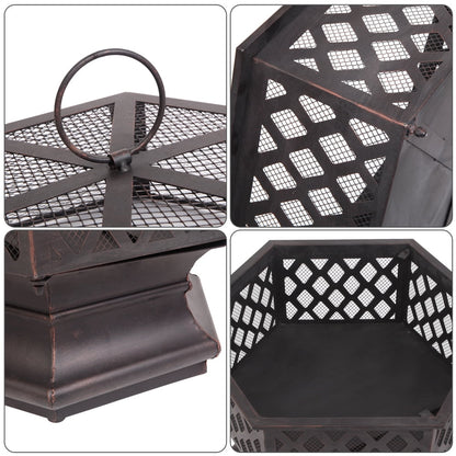 Fire Pit for Outside, Premium Hexagon-shaped Steel Fire Pit w/Mesh Screen Lid, Portable Outdoor Metal Fire Pit with Poker, Multifunctional Heater/Grill/Ice Pit for Patio Garden BBQ Grill, S7039