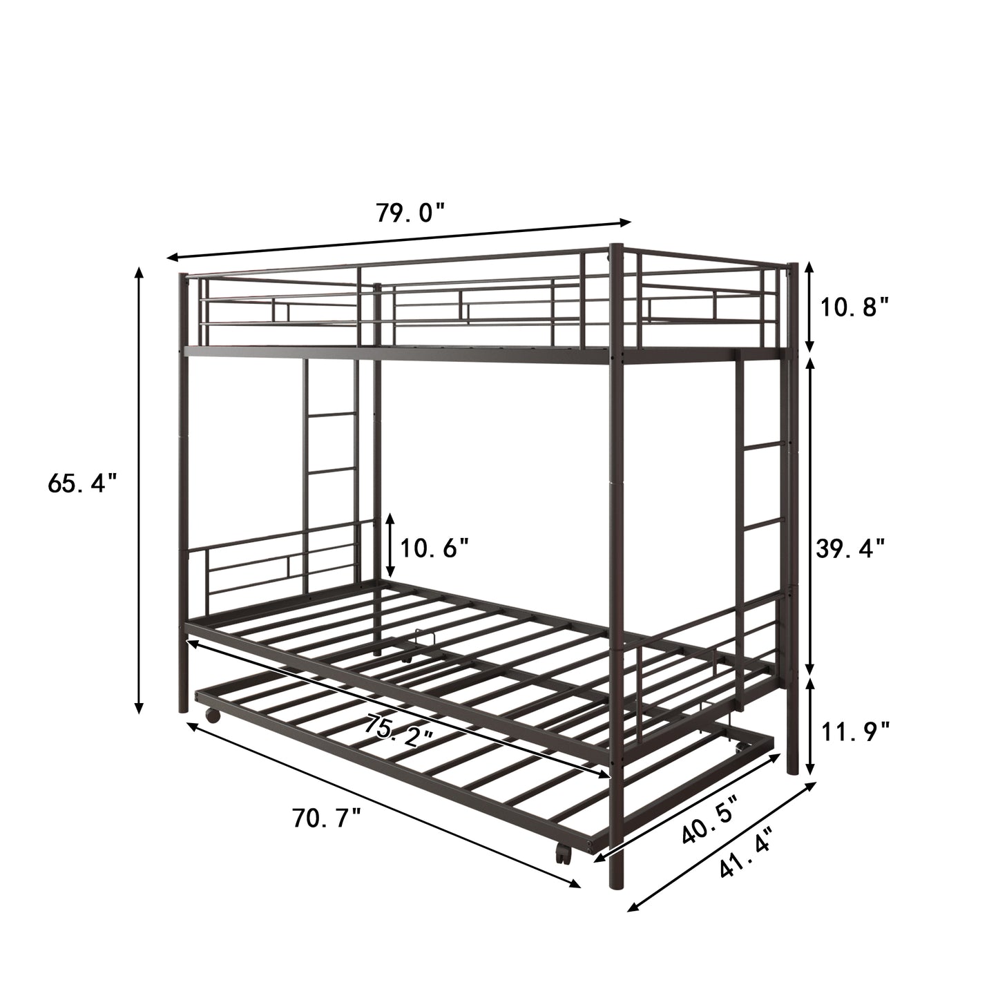 Twin Over Twin Bunk Bed with Trundle, Metal Space-Saving Design For Young Teens and Adults, Easy Assembly