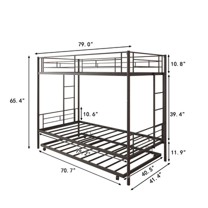 Twin Over Twin Bunk Bed with Trundle, Metal Space-Saving Design For Young Teens and Adults, Easy Assembly
