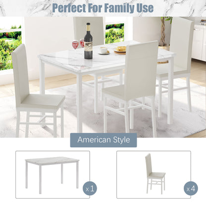 Kitchen Table and 4 Chairs Set, Metal Kitchen Table Sets Faux Marble Rectangular Breakfast Table w/Metal Legs & White Finish Frame, Dining Table Sets for an Apartment Breakfast, S12528