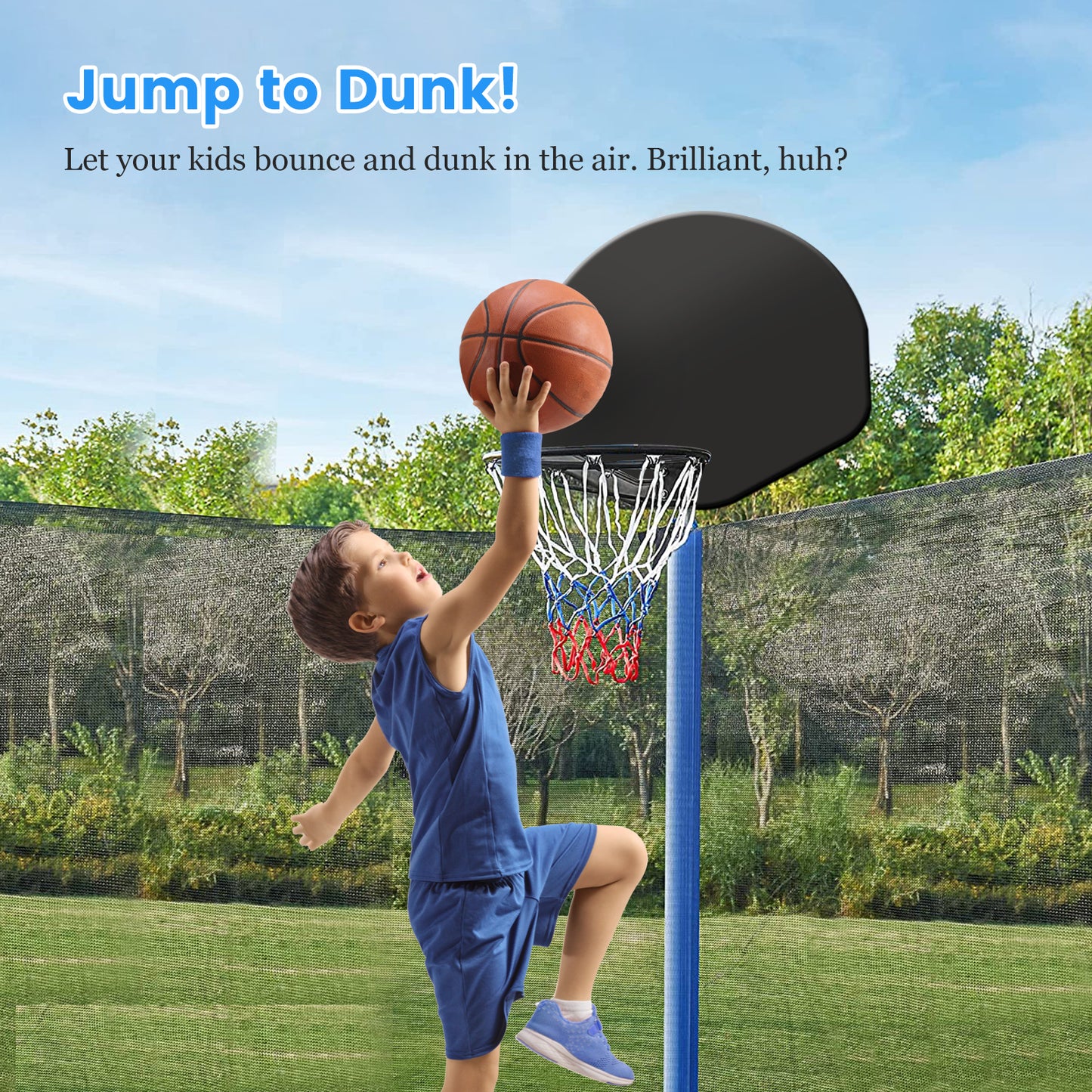 12ft Trampoline for Kids with Basketball Hoop, Outdoor Trampoline with Safety Enclosure and Ladder, SEGMART Heavy Duty Back Yard Trampoline for Kids and Adults, Blue