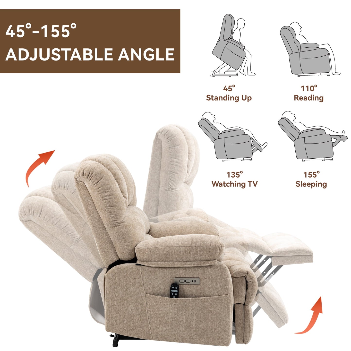 Extra Wide Power Lift Recliner Chair for Elderly, Oversized Chenille Lift Chair with 8-Point Massage & Lumbar Heat, USB Charging Port, Side Pockets, 350 lbs Capacity