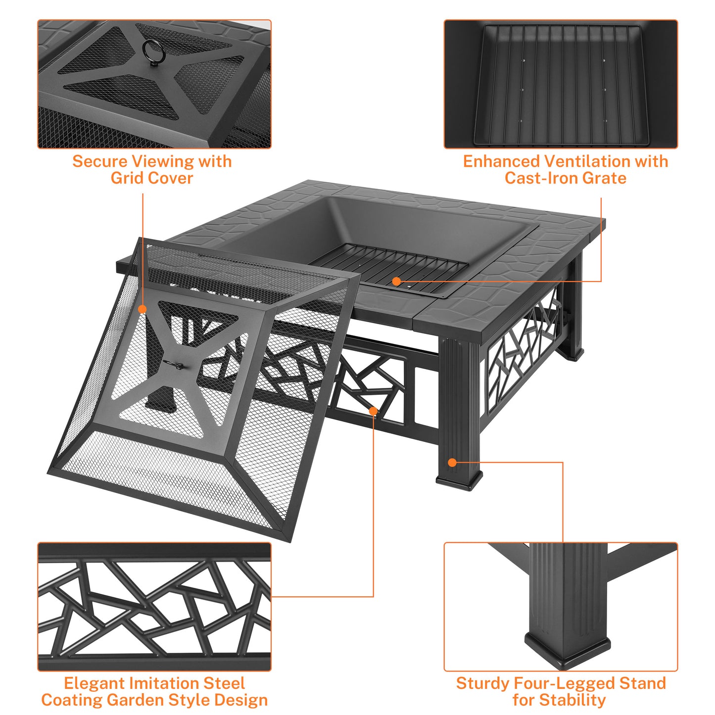 Segmart Wood Burning Fire Pit, 32" Square Outdoor Metal Firepit with Waterproof Cover, Mesh Screen Lid, Poker, Food Clip, Backyard Patio Fire Pit for Backyard Patio Garden BBQ Grill, Black, S7037